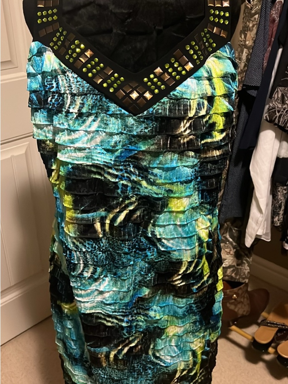 Frank Lyman Design Turquoise, Black & Lime Ruffled V-Neck Dress